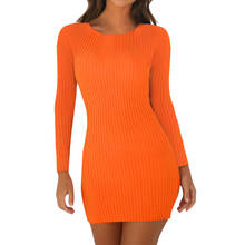 Women Bodycon Mini Dress O Neck Long  Sleeve Sexy Solid Short Dress Ladies Casual Mini Dresses Black Red Orange S-XL#T2 2024 - buy cheap