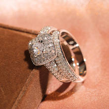 Luxo feminino branco quadrado anel de cristal promessa prata cor anéis de noivado para as mulheres do vintage nupcial zircão anel de casamento conjunto 2024 - compre barato