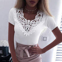 Chic Simple Spring Summer Women Solid Color Sexy Casual T-shirt Lace V-neck Stitching Fashion Daily Pullover Lady Elegant Tops 2024 - buy cheap