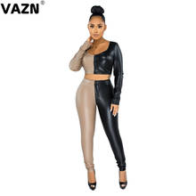 VAZN 2020 Hot High-end Leather Set Patchwork Elegant Sexy Club Open Full Sleeve Top High Waist Long pants Slim Women 2 Piece Set 2024 - buy cheap