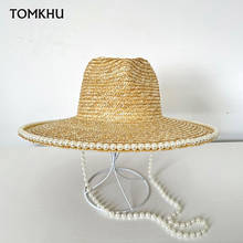Vintage Summer Handmade Panama Jazz Hat Natural Straw Long Pearl Chain Casual Hat For Women Fedoras Cap Custom Chapeu Feminino 2024 - buy cheap