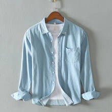Camisa masculina de algodão jeans, camisa confortável com gola alta, de manga longa, respirável e de cor pura 2024 - compre barato