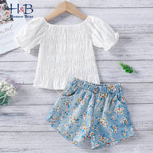 Humor Bear Girls Clothes Summer New Summer  Puff Sleeve Short Sleeve Top + Floral Shorts 2pcs Cute Kids Clothes 2024 - купить недорого