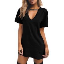 Womens Short Sleeve Sexy Triangle Hollow Halter T-Shirt Dress Solid Color Deep V-Neck Mini Long Tunic Tops Loose Pullover 2024 - buy cheap