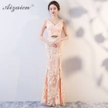 2019 Новый хост V образным вырезом Cheongsam розовые длинные вечерние платья Qi Pao Для женщин традиционное китайское платье Qipao Продвижение вечерние Халат 2024 - купить недорого