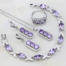 Conjuntos de joias de prata 925 para mulheres, cristal branco, roxo, zircônia cúbica, pulseira/colar/pingente/brincos/anel 2024 - compre barato