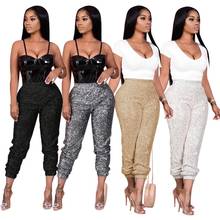 Women Fashion Sequin Glitter Long Pencil Pants Elastic PU Leather High Waist Drawstring Black Party Ladies Trousers Streetwear 2024 - buy cheap