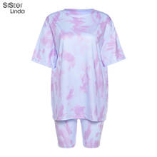 Sisterlinda tie-dye print streetwear feminino ternos longo solto topo esporte shorts duas peças conjunto de manga curta o-pescoço casual playsuits 2024 - compre barato