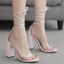 women sandals PU Lace Up  11.5CM Square heel High heels Round Toe Front & Rear Strap Shallow sandal women shoes size 35-42 2024 - buy cheap