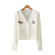 Klacwaya Women 2020 Fashion Floral Embroidery Cropped Cardigan Sweater Vintage V Neck Hollow Out Female Outerwear Chic Tops 2024 - buy cheap