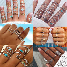 Anéis de design mix boêmio ondulado arco-íris, conjunto de anéis vintage com folha étnica esculpida, anéis de dedo médio para mulheres, jóias estilo boho 2024 - compre barato