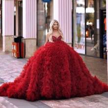 Dark Red Puffy Tulle Robe Sweetheart Beaded Ball Gown Prom Dresses Draped  Sweep Train Photography Evening Gowns Custom Made 2024 - buy cheap