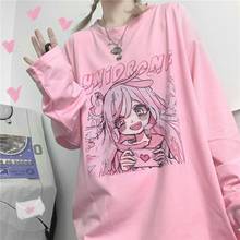 Camiseta de manga longa feminina, rosa, desenho animado, engraçado, estilo japonês, gótico, casual 2024 - compre barato
