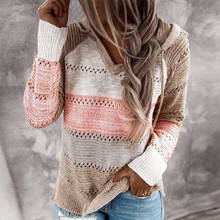 Женский трикотажный свитер с капюшоном, повседневный Полосатый пуловер с V-образным вырезом и длинным рукавом, осень 2021 2024 - купить недорого