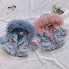 2021 Winter Baby Girl Denim Jacket Plus Fur Warm Toddler Girl Outerwear fur collar denim jacket cotton Kids Infant Girl Parka 2024 - buy cheap