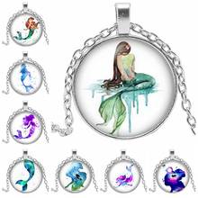 2019 New Hot Art Charm Yang Mermaid Pattern Series Pendant Round Photo Glass Cabochon Necklace Gift Ladies Sweater Chain 2024 - buy cheap