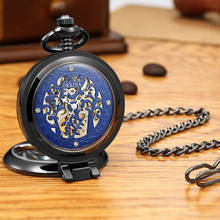 MGORKINA Retro Black Blue Skeleton Steampunk Hand-wind Mechanical Pocket Watch with Chain For Men Women relojes de bolsillo 2024 - buy cheap