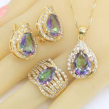 Rainbow Semi-precious  Gold Color Jewelry Sets for Women Water Drop Hoop Earrings Necklace Pendant Rings Free Gift Box 2024 - buy cheap