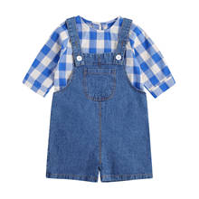 Children's Two Piece Set Girl's Plaid Shirt Crew Neck Long Sleeve Top Denim Pocket Button Overalls Shorts 2024 - buy cheap