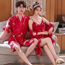 Luxo vermelho-coroado guindaste imprimir casal roupões de seda sleepwear feminino roupão macio oversized cetim camisola homem primavera homewer 2024 - compre barato