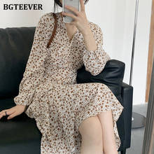 BGTEEVER Spring Summer V-neck Chiffon Midi Dress for Women Full Sleeve Lace-up Female Floral Print Dress Casual A-line Vestidos 2024 - buy cheap