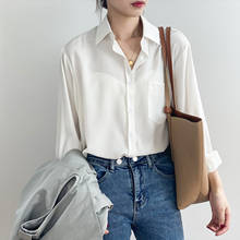 Blusa feminina branca e manga longa, camisa elegante com gola 2024 - compre barato