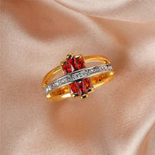 Anel de zircão de cristal vermelho geométrico do vintage moda amarelo ouro birthstone anéis para mulheres jóias de casamento anel de noivado feminino 2024 - compre barato