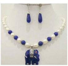 Природный белый жемчуг в форме риса и синий нефрит слон кулон ожерелье серьги набор 2024 - купить недорого