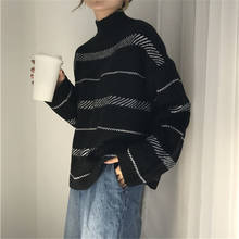 Lazy style sweater women loose outer wear 2021 autumn and winter Korean version Japanese half high neck striped pull 2024 - buy cheap