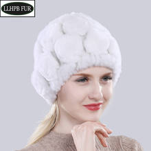 Hot Sell Female Winter Floral 100% Genuine Rex Rabbit Fur Skullies Hats Lady Knit Real Fur Caps Women Natural Fur Beanies Hat 2024 - buy cheap