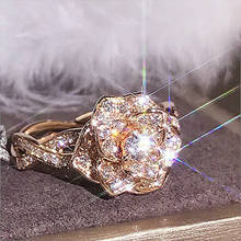 Anel de noivado feminino, anel com flor de ouro rosado, design de garras de noivado, zircônio para mulheres, presente de aniversário de casamento 2024 - compre barato