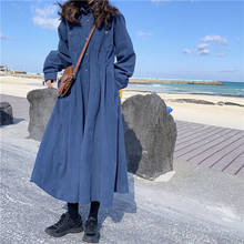 Outono 2020 novo vestido de veludo retro das senhoras de cintura alta magro temperamento camisa manga longa vestido azul feminino botão e327 2024 - compre barato