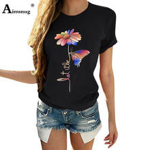 Aimsnug borboleta flor impressão das mulheres topos 2020 verão nova moda algodão camiseta casual manga curta retro meninas lazer camisa 2024 - compre barato