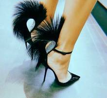 Dipsloot Woman Black Patent Leather Crystal Bright Diamond Feather Pumps Pointed Toe Shallow Buckle Strap Thin Heels Fur Shoes 2024 - buy cheap