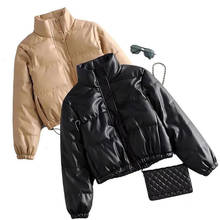 Women down coat 2021new fashion pu leather jacket women stand collar warm women short jackets zipper pockets casual winter coats