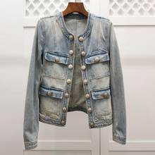 Retro military style washlight blue denim jackets female double-breasted old wild slim short denim jackets outerwear 2024 - buy cheap