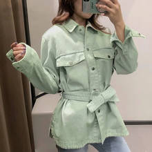 Loose Long Sleeve Denim Jackets Turn Down Collar Streetwear Pockets Coat Women Fashion Green Jeans Jacket With Belt 2024 - buy cheap