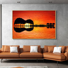 Reflection Of Trees At Sunset Guitar Oil Painting on Canvas Art Cuadro Posters and Prints Nordic Wall Picture for Living Room 2024 - buy cheap