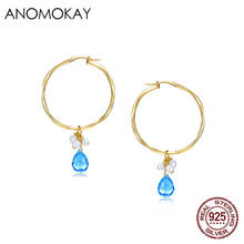Anomokay Classic Luxury Pearl Blue Crystal Round Gold Color Earring for Party 100% Sterling 925 Silver Palace Drop Earrings Gift 2024 - buy cheap
