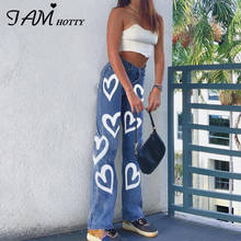 Heart Straight Mom Jeans Women High Waist Denim 90s Korean Streetwear Trousers Black iamhotty, for women, button fly, ages 18-35 years old, full length, Heart Printed 2024 - buy cheap