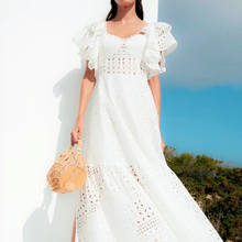 2021 Summer New Arrive Elegant White Black Color Lady Cotton Midi Dress Embroidery Ruffles Short Sleeve Women Lace Long Dress 2024 - buy cheap