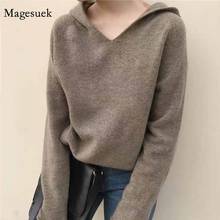 Women Casual Loose Korean Solid Hoodies Autumn New V-neck Long Sleeve Hoodies Women Knitted Jumper Thin Hooded Sweatshirt 11742 2024 - buy cheap