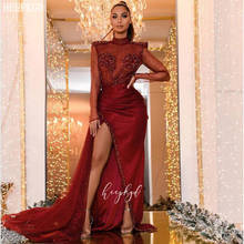 Burgundy Glitter Long Sleeves Arabic Evening Dress Dubai Crystals Side Slit Sexy Prom Party Dresses Plus Size Formal Gowns 2024 - buy cheap
