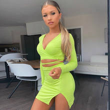 Neon green Women 2 piece set sexy Deep V-neck long sleeve Cross bandage T shirt top Slit Mini bodycon skirt Beach club Skirt set 2024 - buy cheap