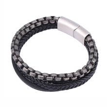 Men Jewelry Steel Chain Black Leather Bracelet Stainless Steel Magnetic Clasp Bangles Male Wristband Punk Accessories PD0997 2024 - buy cheap