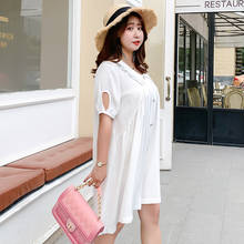 Women's summer solid color lapel button puff sleeve dress plus size knee length casual dress 100 kg can be worn 2024 - buy cheap