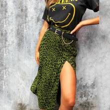 Women Fashion Summer Over The Knee Lace-Up Leopard Print High Waist Long Thin Split Skirt Green 2024 - buy cheap