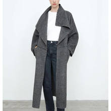 Casaco de lã xadrez cinza, casaco de comprimento médio feminino, jaqueta folgada de lã para outono e inverno 2024 - compre barato