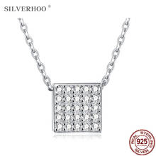 SILVERHOO 925 Sterling Silver Simple Square Pendant Necklaces For Women Shining Zircon Necklace Fine Jewelry Romantic Gift Best 2024 - buy cheap