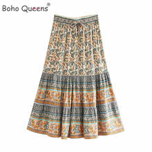 Boho Queens-Falda Hippie para mujer, falda con estampado floral de pavo real, cintura elástica alta, Midi, de playa 2024 - compra barato